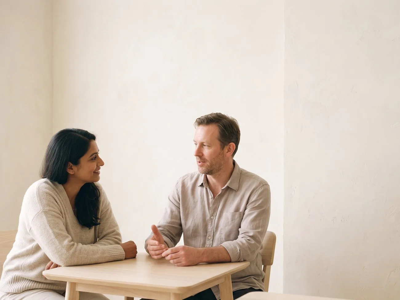 A hushri team member and a visitor in a warm, supportive conversation across a table in a calm, quiet room.