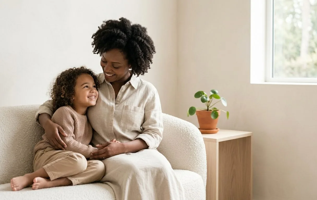 A parent and child sitting close together, sharing a calm, tender moment.