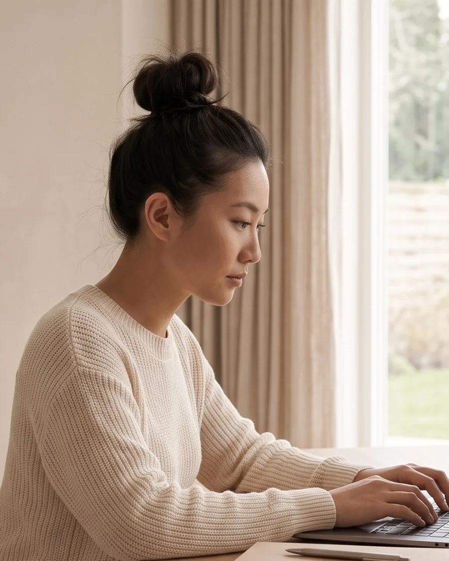 A woman working calmly at a laptop at a sunlit desk by a window.