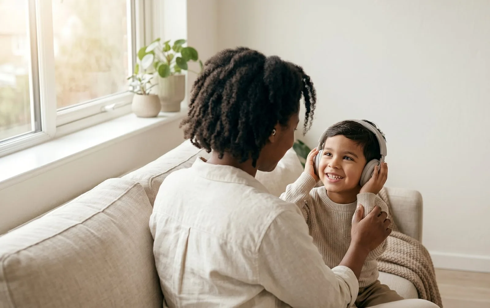 A parent and child sitting together by a window, the child wearing headphones, both calm and at ease.