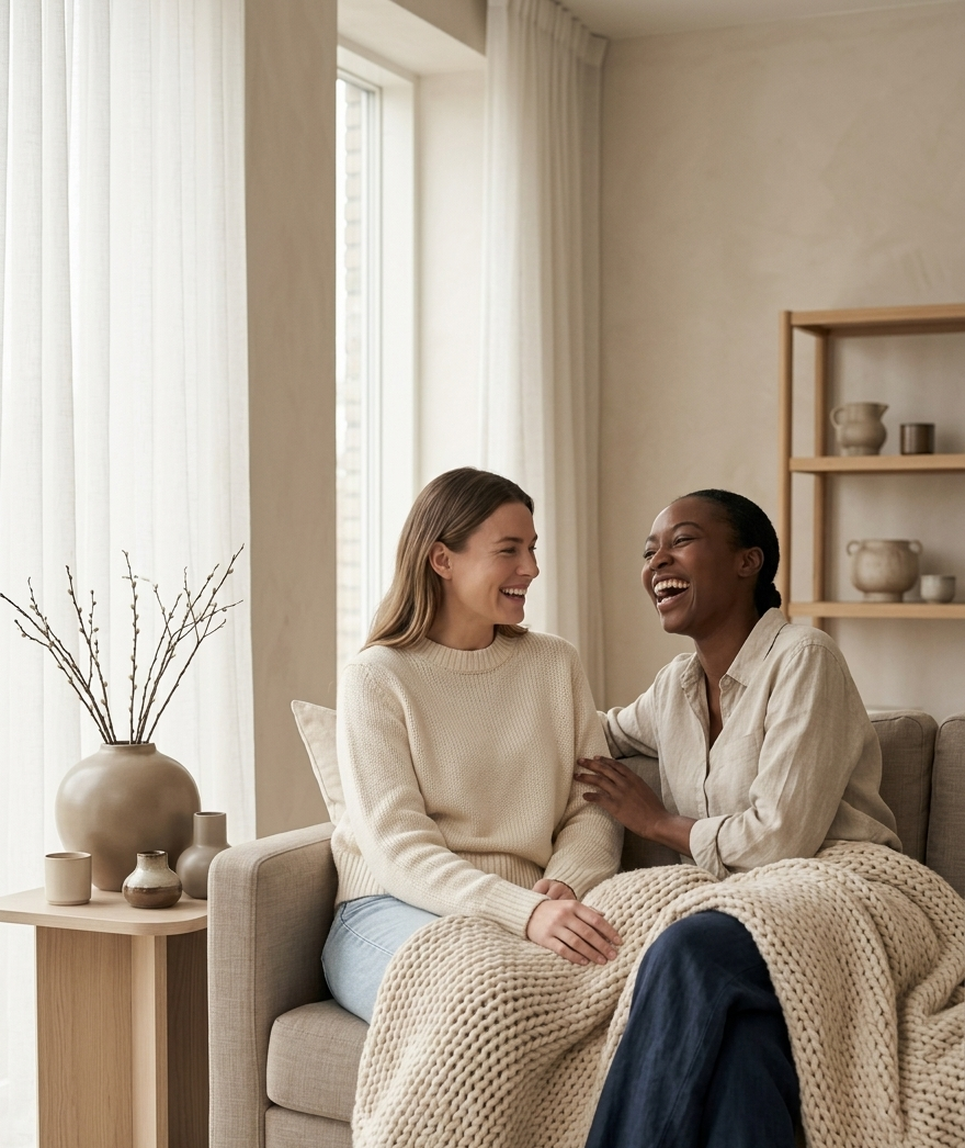 Two women sitting together and laughing on a sofa.