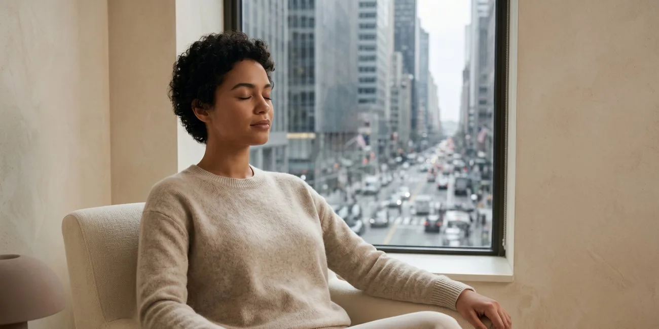 A woman sitting calmly by a window with a city view.