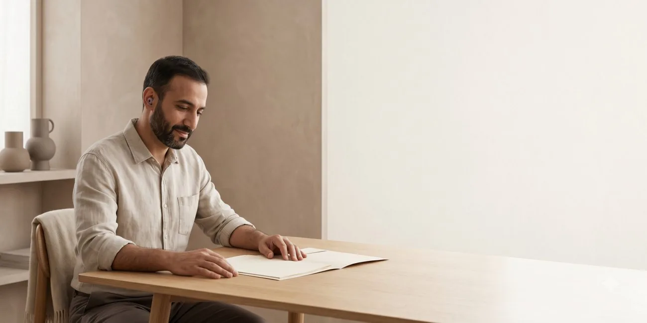 A man concentrating calmly at a table.
