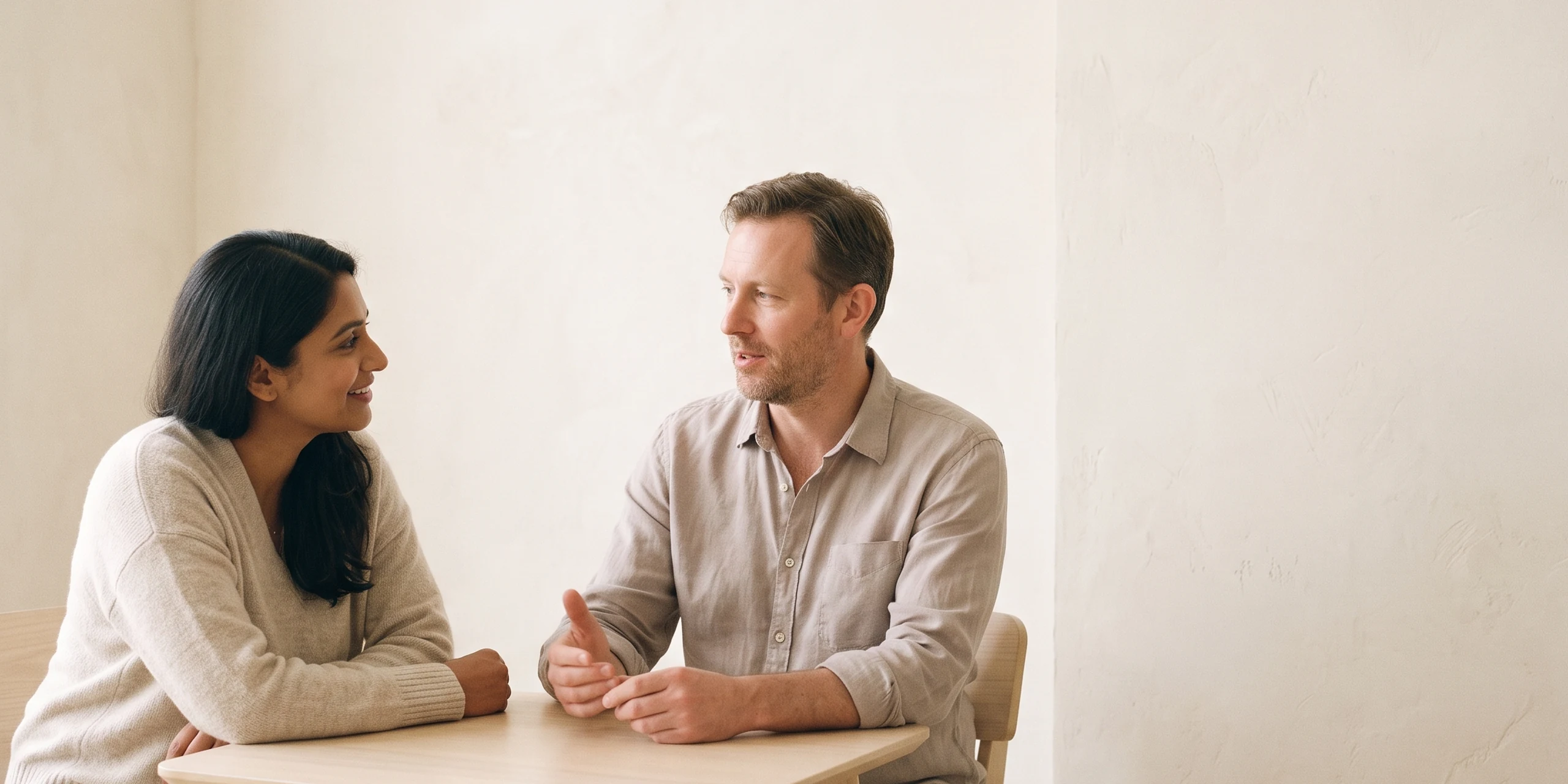A man and a woman sitting together at a kitchen table, calm, illustrating misophonia and relationships within family life.