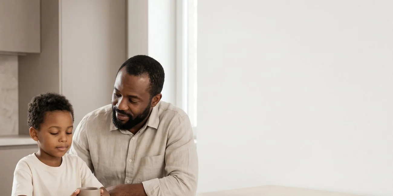 A father and his young child sitting calmly together.