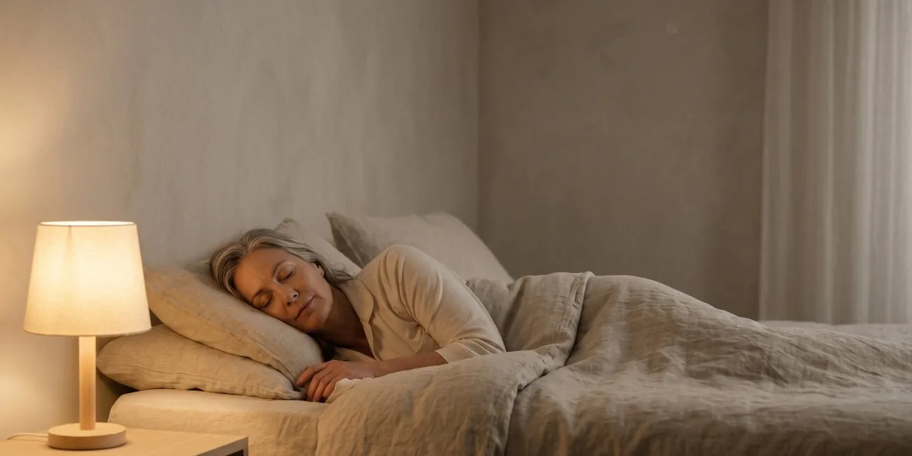 A person resting peacefully in a calm, dimly lit bedroom.