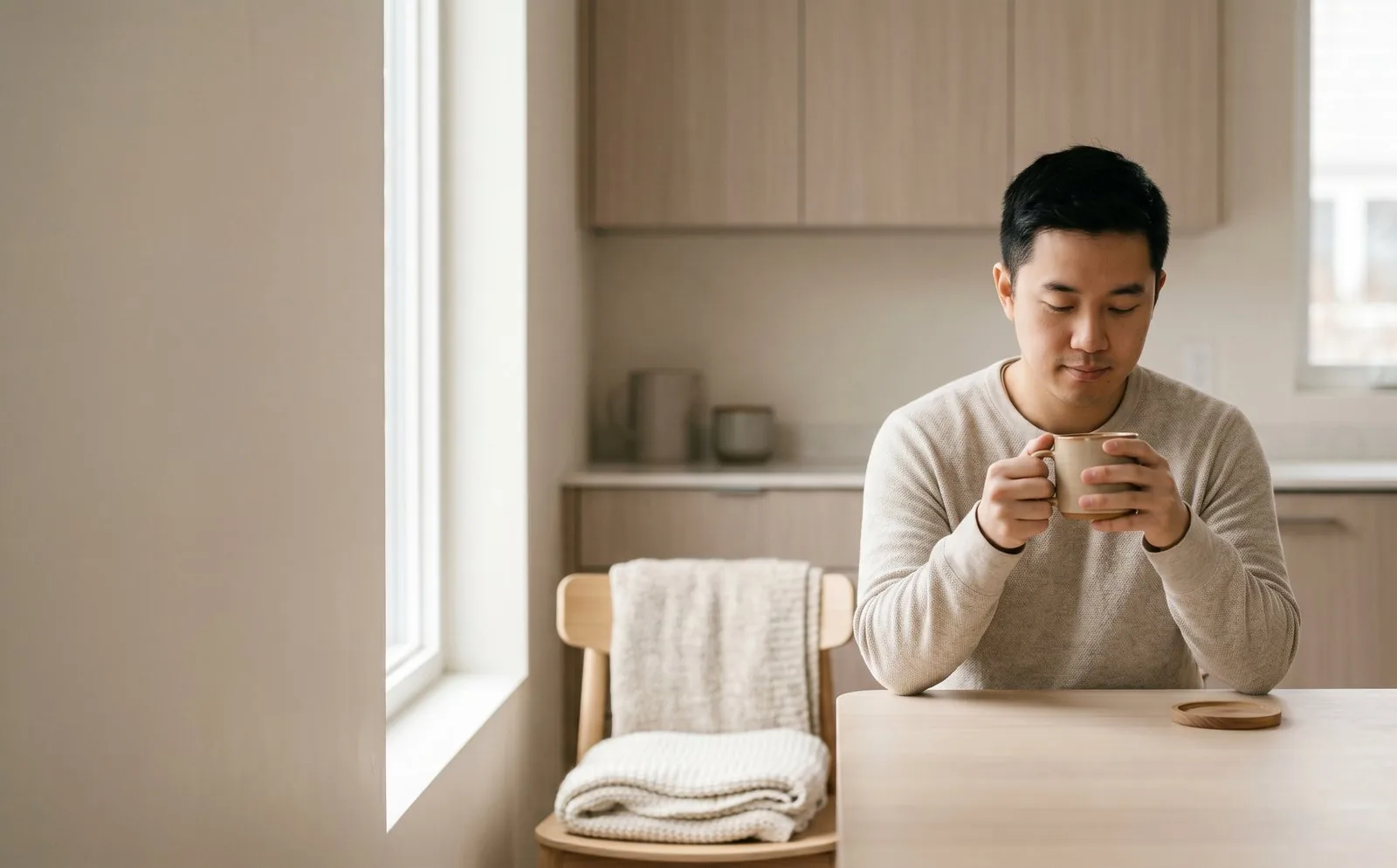 A man sitting calmly with a warm drink in a quiet kitchen, at ease in his own space.