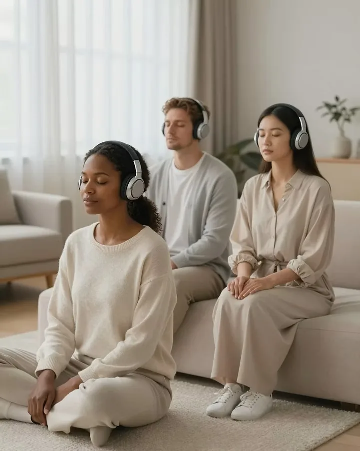 Three people sitting calmly together with headphones on, eyes closed, in a bright, quiet room.