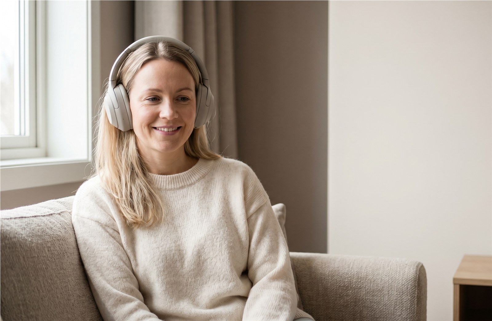 A woman wearing headphones, sitting calmly by a window